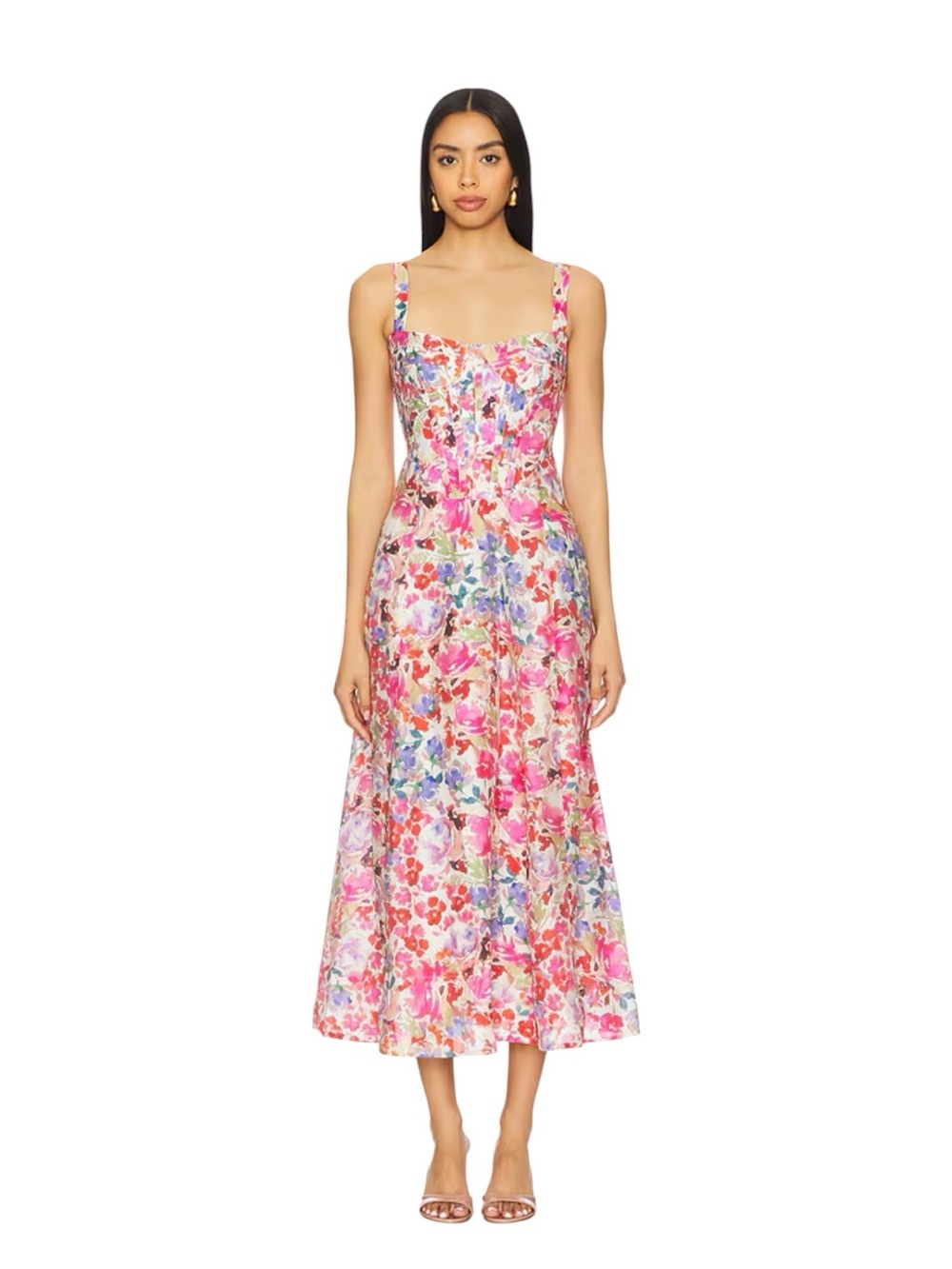 Bardot x Revolve - NWT Floral Corset Midi Dress Linen Blend Boned Bodice Sz L